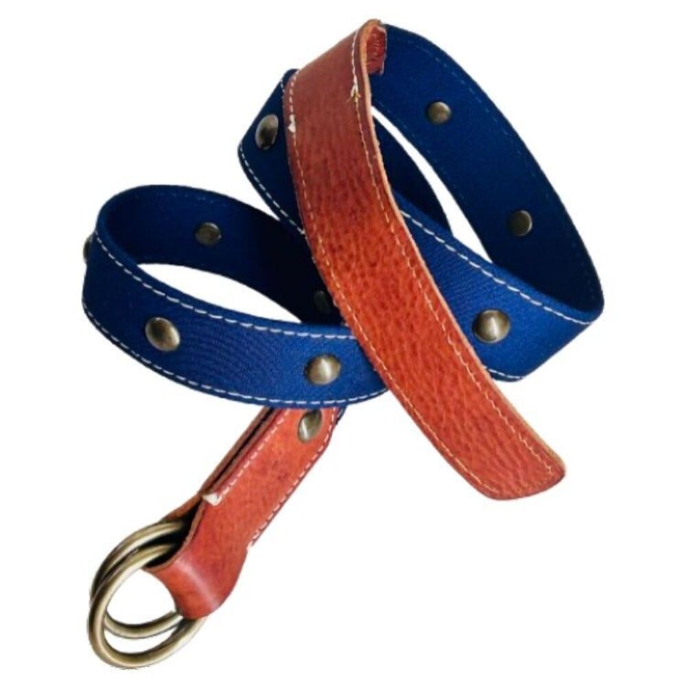 J Crew Studded Brown Leather and Navy Blue Webbing Belt Womens Size S/M Preppy